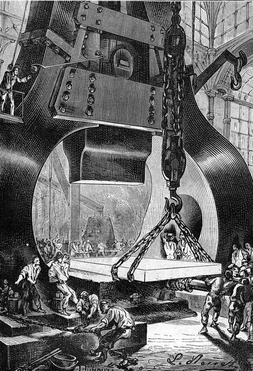 Leon Benett rajza, Jules Verne "A Begum 500 milliója" című könyvéből - Hetzel/Extraordinary Voyages 1879-es kiadás. kalapácsos dobos (dobos) munka közben egy acélöntödében. alkotó: Léon Benett