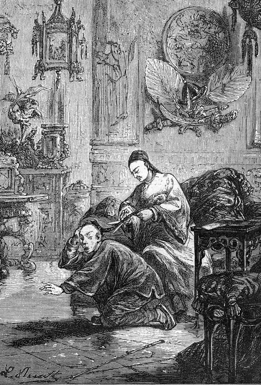 Leon Benett rajza, Jules Verne "Egy kínai megpróbáltatásai Kínában" című könyvéből - Hetzel-kiadás / Rendkívüli utazások 1879. alkotó: Léon Benett