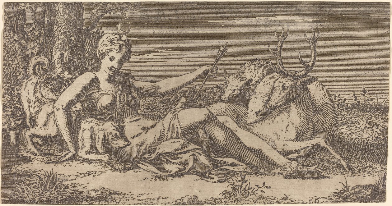 Diana pihen alkotó: Léon Davent after Francesco Primaticcio