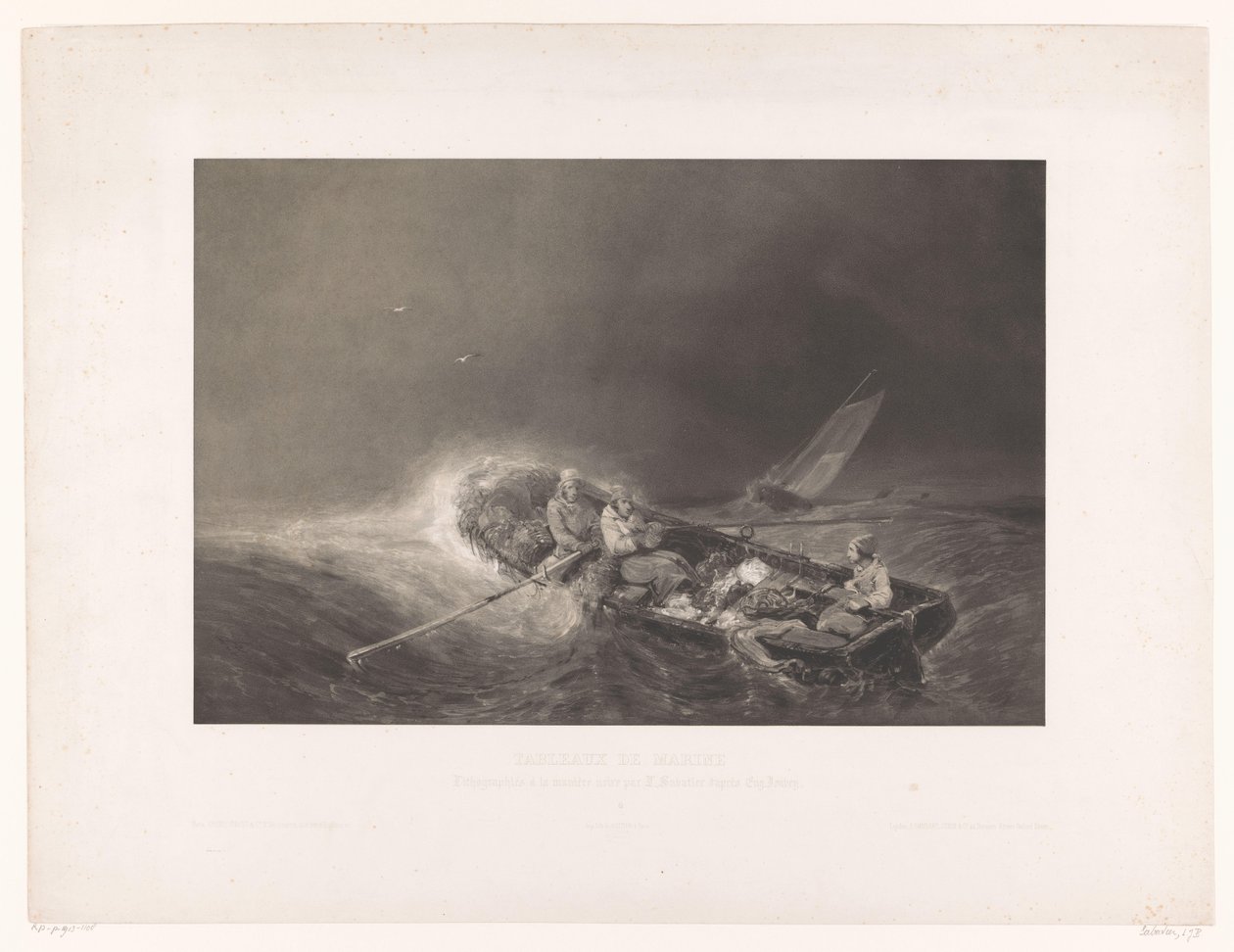 Vissers in een roeiboot op zee Marine gezichten (sorozat címe) Navy festmények. L. Sabatier mezzotintában litografálta Eug. Isabey (sorozat címe az objektumon) alkotó: Léon Jean Baptiste Sabatier