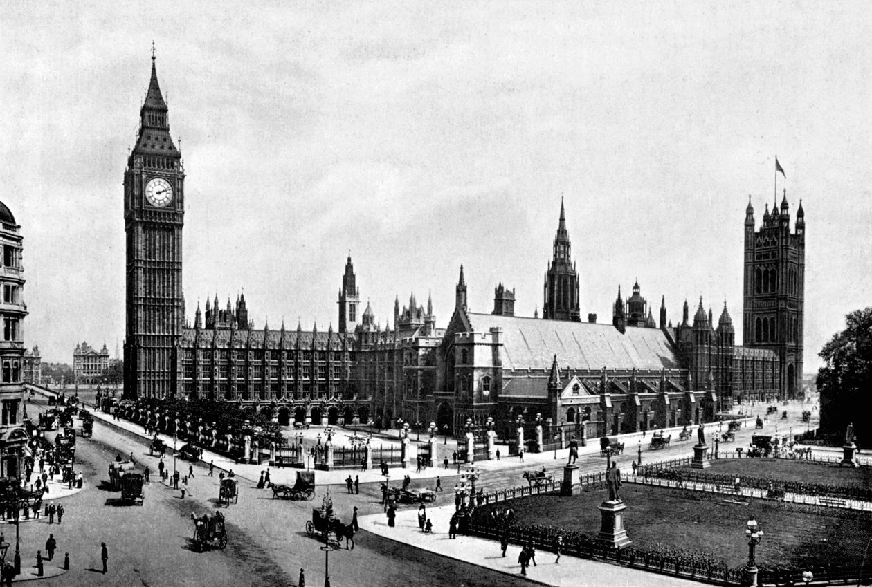 A Parlament és a Westminster Hall a londoni Parliament Square felől nézve, 1905. alkotó: London Stereoscopic and Photographic Co