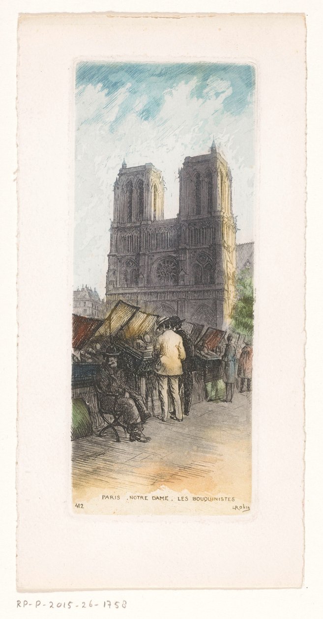 Kilátás a párizsi Notre-Dame-re, könyvkereskedőkkel az előtérben Paris Notre Dame les bouquinistes (cím a tárgyon) alkotó: Léopold Robin
