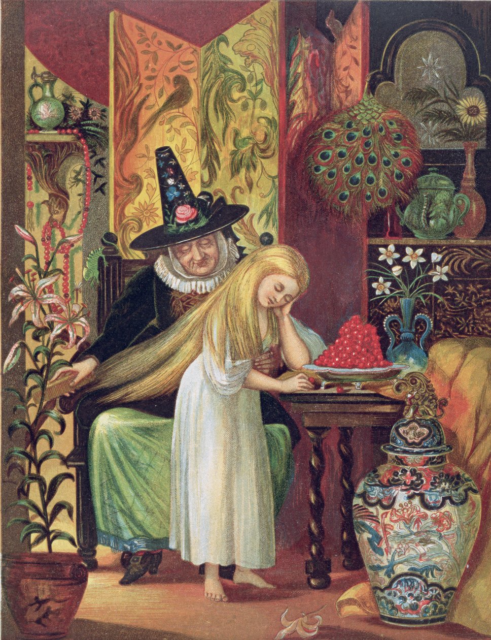 Az öreg boszorkány, aki aranyfésűvel fésüli meg Gerda haját, hogy elfelejtse barátját, a Hókirálynő című filmben, Hans Christian Andersen meséiből, 1872 alkotó: Lorens Frolich