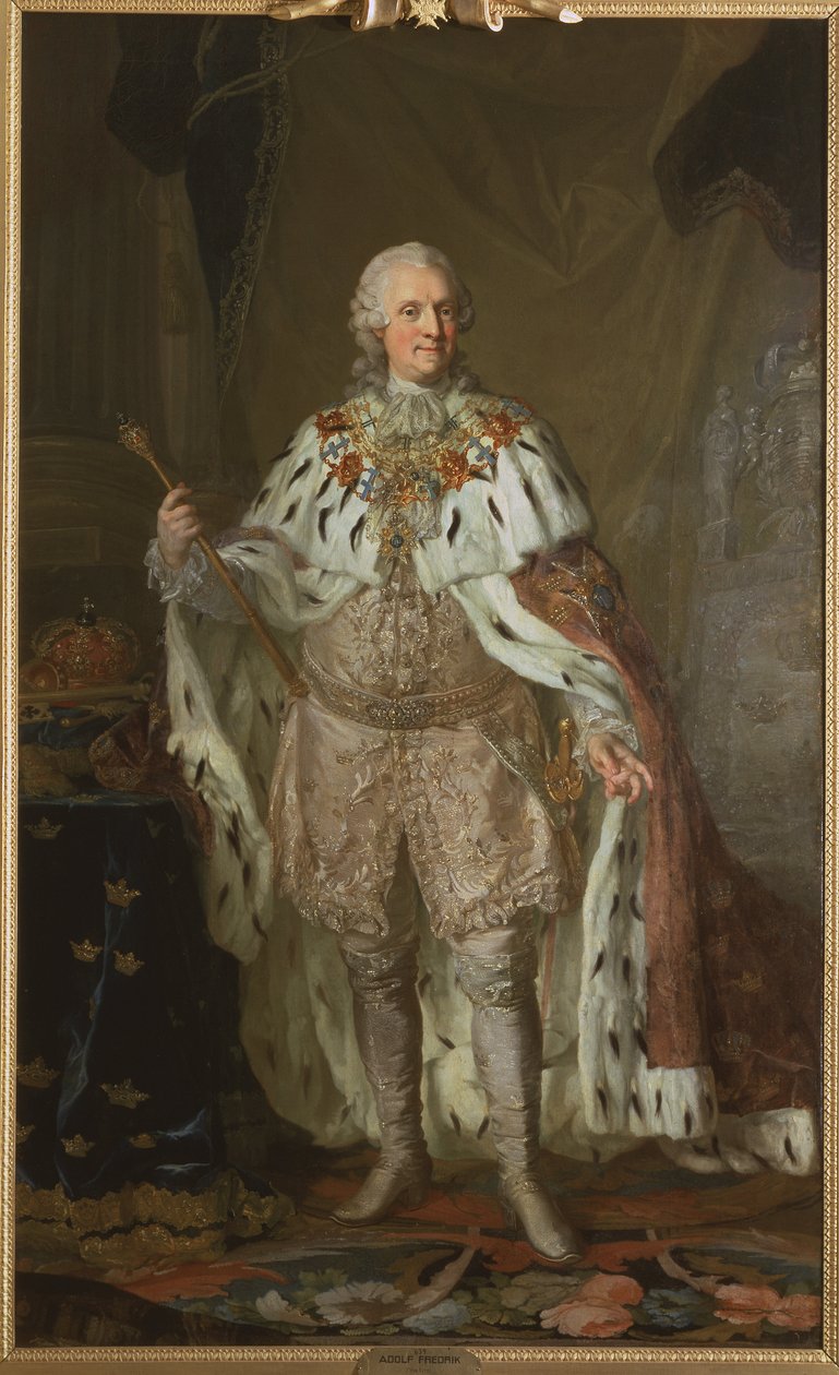 Adolphe Frederic de Suede – Adolph Frigyes (1710-1771), svéd király portréja, Pasch, Lorenz, az ifjabb (1733-1805). Olajfestmény. Mérete: 237x143 cm. Nemzeti Múzeum Stockholm alkotó: Lorens the Younger Pasch