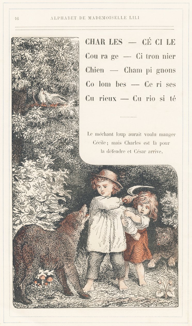 Charles, Cecile, Bátorság, Citromfa, Kutya, Gomba, Galambok, Cseresznye, Kíváncsi, Kuriózum, 16. oldal - Ábécé Lili kisasszony, L. Froelich és egy apuka (maga Hetzel) által. Bibliotheque  Magasin d