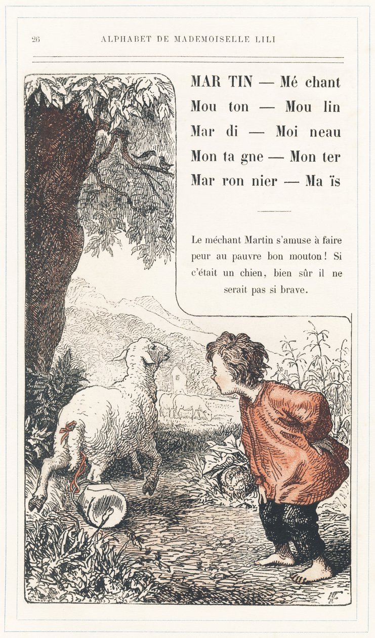 Martin, Mechant, Mouton, Mill, Tuesday, Sparrow, Mountain, Rise, Chestnut, Mais, 26. oldal - Lili kisasszony ábécéje, L. Froelich és egy apuka (maga Hetzel). Bibliotheque  Magasin d