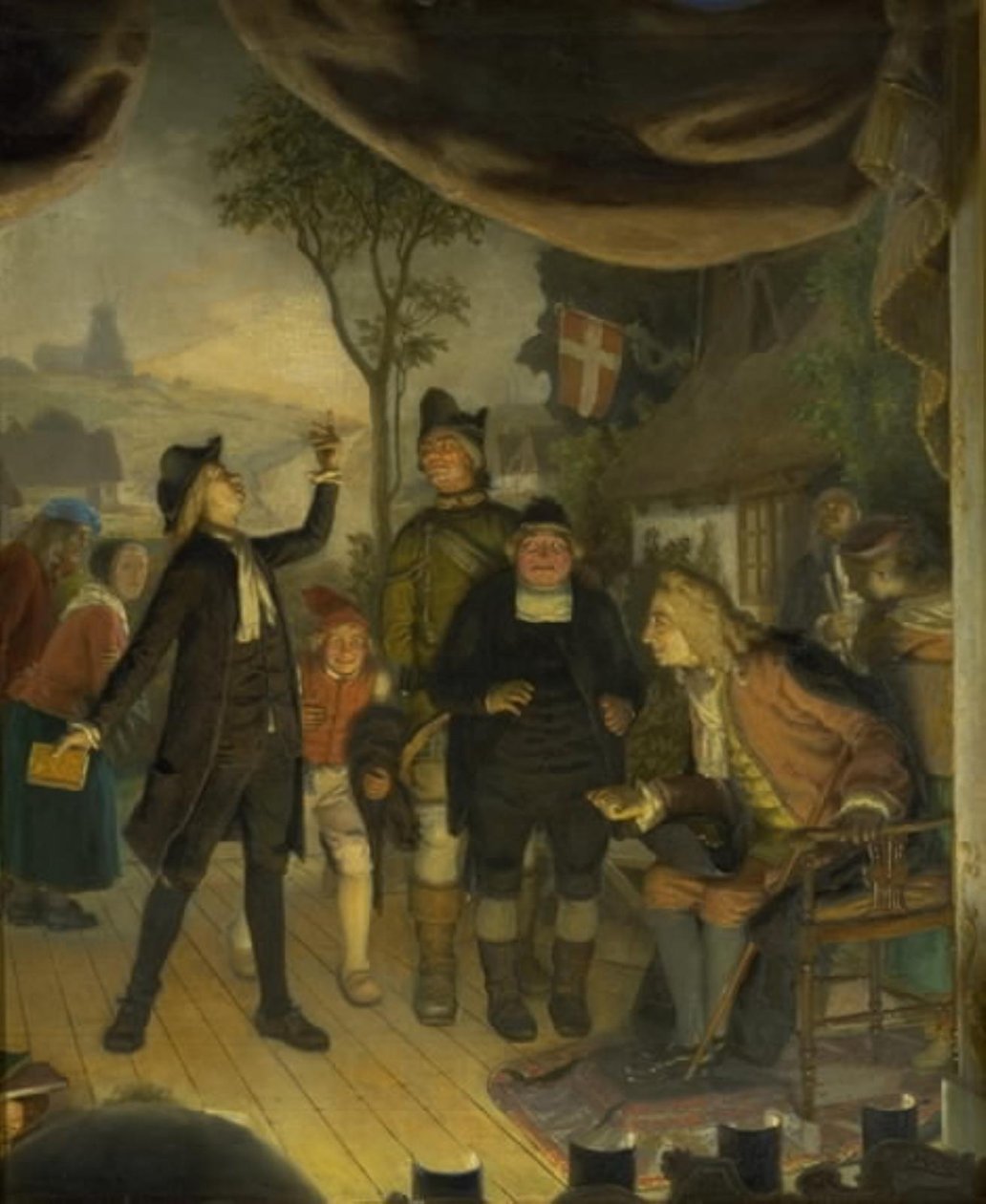 Ludvig Holberg részt vesz Erasmus Montanus című darabjának próbáján, IV. felvonás, 2. jelenet alkotó: Lorenz Frølich