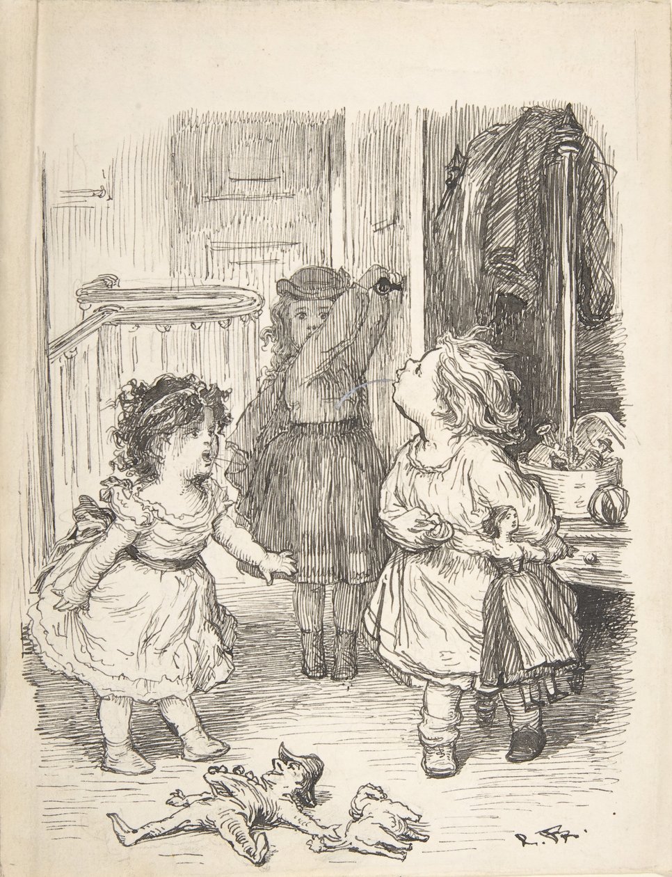 Három kislány a szobában vitatkozva és köpködve, 1835-1903. alkotó: Lorenz Frølich