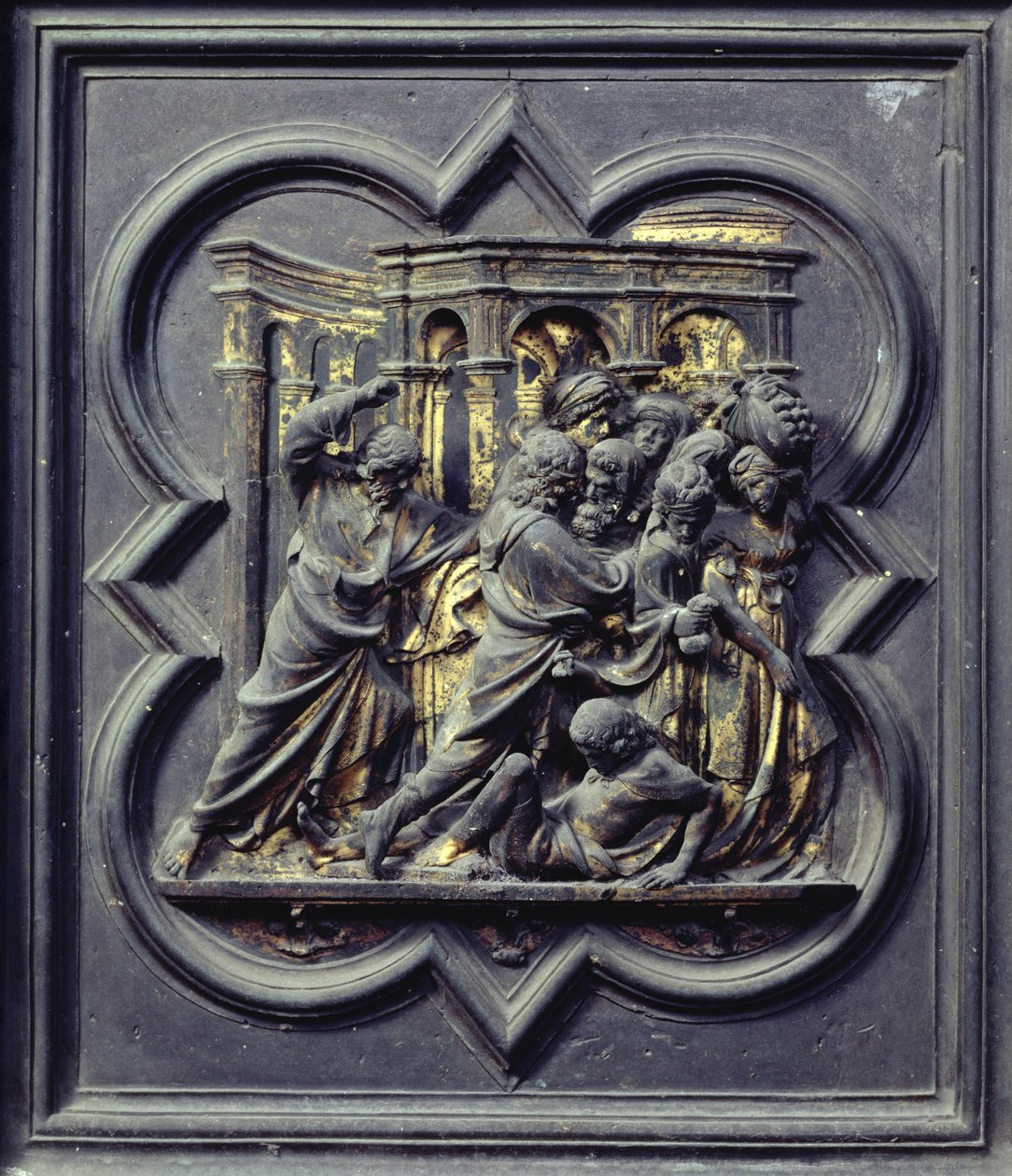 Krisztus üldözi a kereskedőket a templomból, a San Giovanni keresztelőkápolna északi ajtóinak hetedik panelje, 1403-24 (bronz) alkotó: Lorenzo Ghiberti