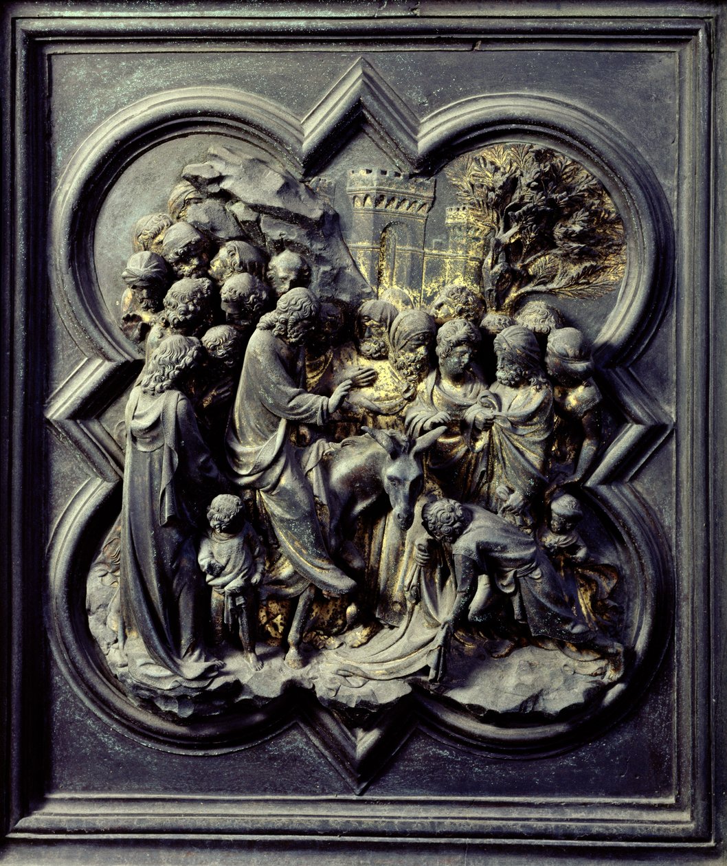 Jézus belépése Jeruzsálembe, a San Giovanni Keresztelőkápolna északi ajtóinak tizenegyedik táblája, 1403-24 (bronz) alkotó: Lorenzo Ghiberti
