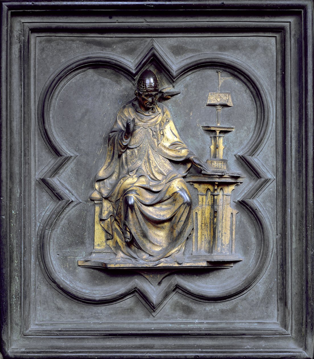 Szent Gergely, a San Giovanni keresztelőkápolna északi ajtóinak G-táblája, 1403-24 (bronz) alkotó: Lorenzo Ghiberti