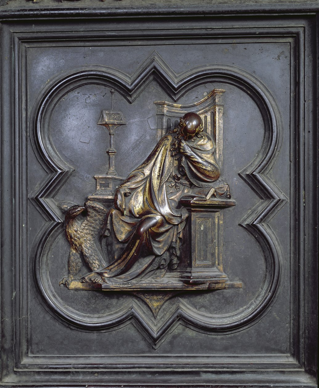 Evangélista Szent János, a San Giovanni Keresztelőkápolna északi ajtajának A táblája, 1403-24 (bronz) alkotó: Lorenzo Ghiberti