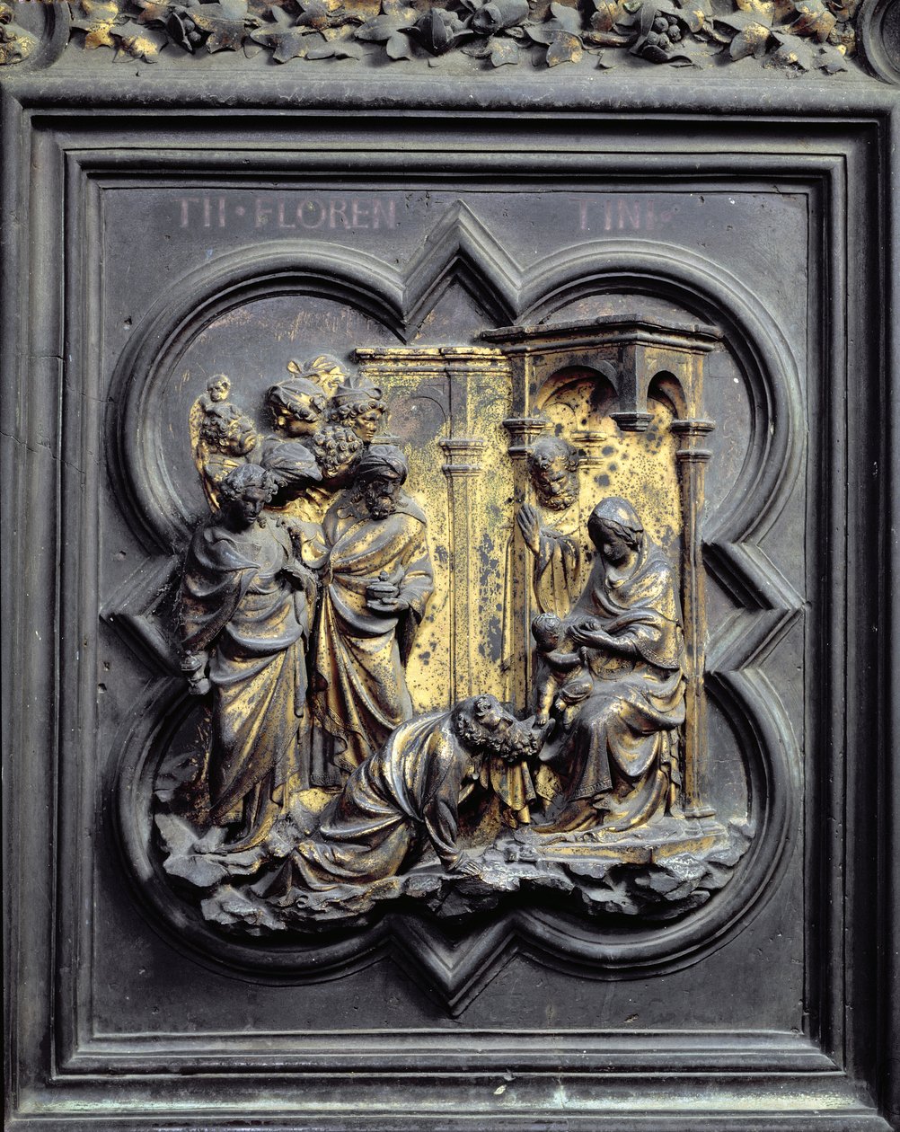 A Mágusok imádása, a San Giovanni Keresztelőkápolna északi ajtóinak harmadik panelje, 1403-24 (bronz) alkotó: Lorenzo Ghiberti