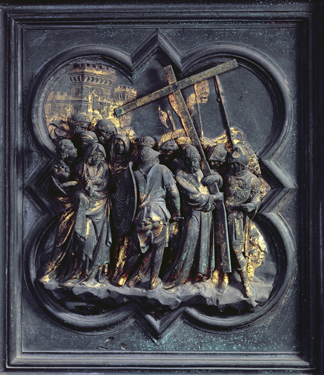 Krisztus felemelkedése a Golgotára, a San Giovanni Keresztelőkápolna északi ajtajának tizenhetedik táblája, 1403-24 (bronz) alkotó: Lorenzo Ghiberti
