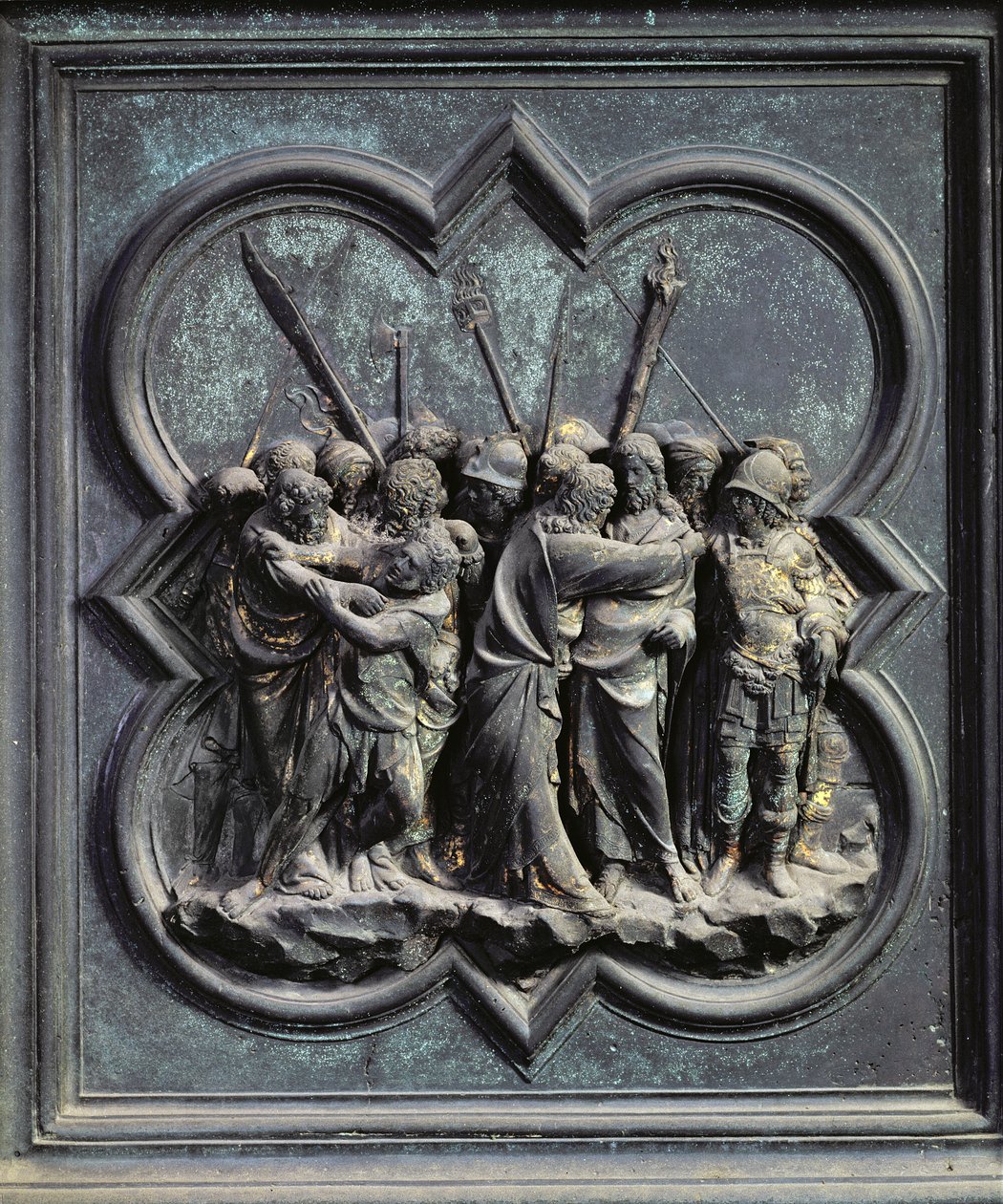 Krisztus elfogása, a San Giovanni Keresztelőkápolna északi ajtóinak tizennegyedik panelje, 1403-24 (bronz) alkotó: Lorenzo Ghiberti