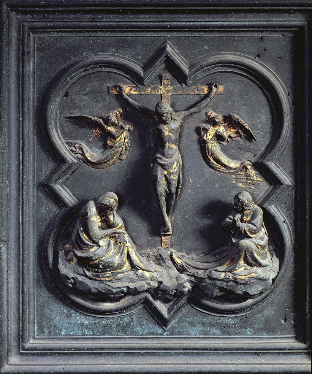 A keresztre feszítés, a San Giovanni keresztelőkápolna északi ajtóinak tizennyolcadik panelje, 1403-24 (bronz) alkotó: Lorenzo Ghiberti