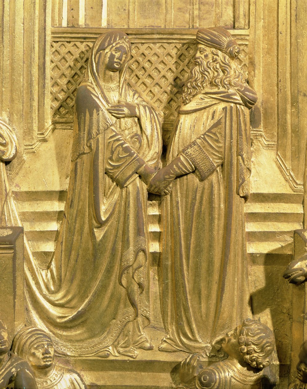 Salamon király és Sába királynőjének találkozása, részlet a keresztelőkápolna keleti ajtaja eredeti táblájáról, 1425-52 (aranyozott bronz) (restaurálás után) alkotó: Lorenzo Ghiberti