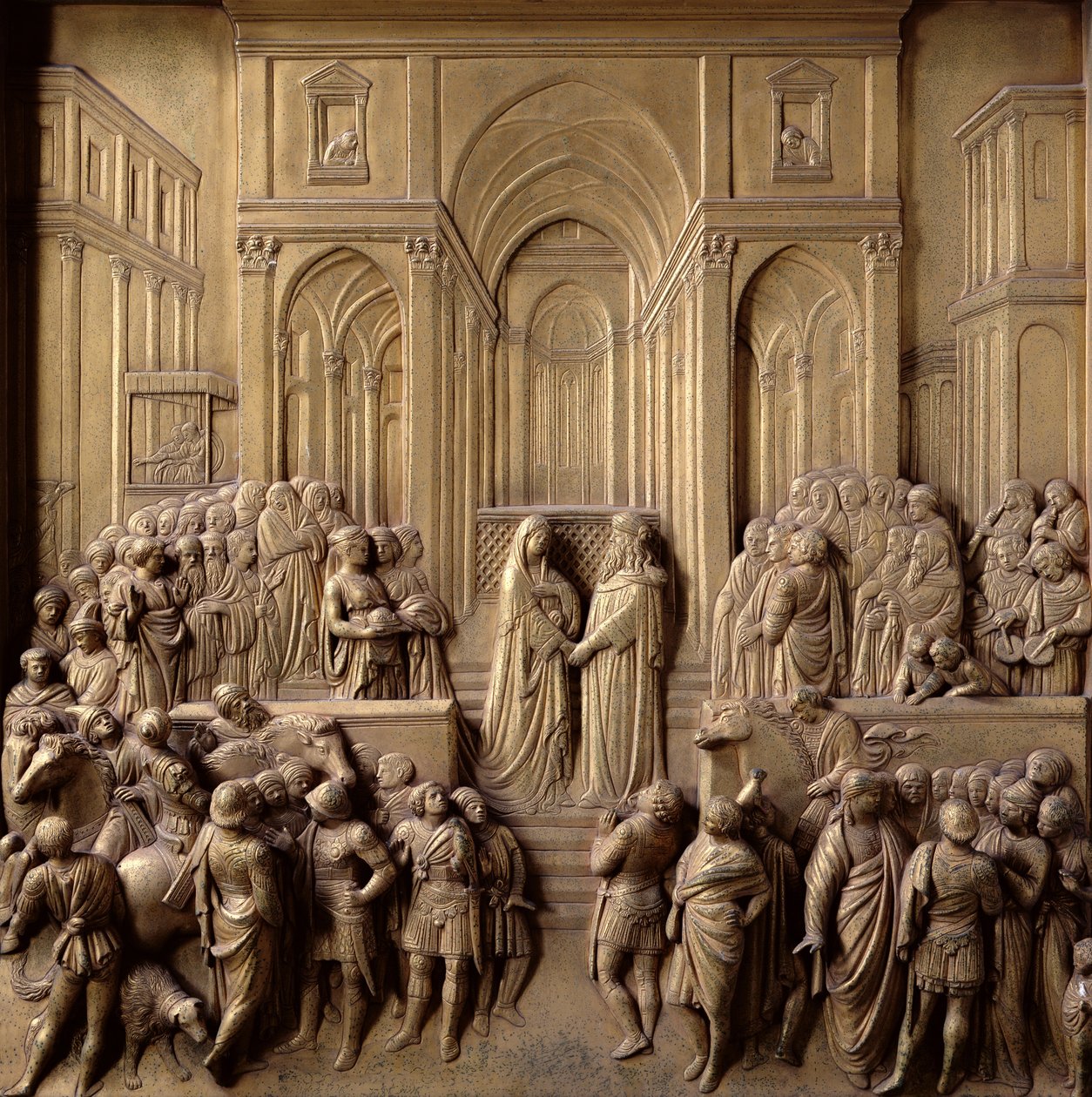 Salamon király és Sába királynőjének találkozása, a Paradicsom Kapuja (keleti ajtók) tíz domborműtáblájának egyike, 1425-52 (aranyozott bronz) (lásd még: 87652-60 és 87662-67) alkotó: Lorenzo Ghiberti