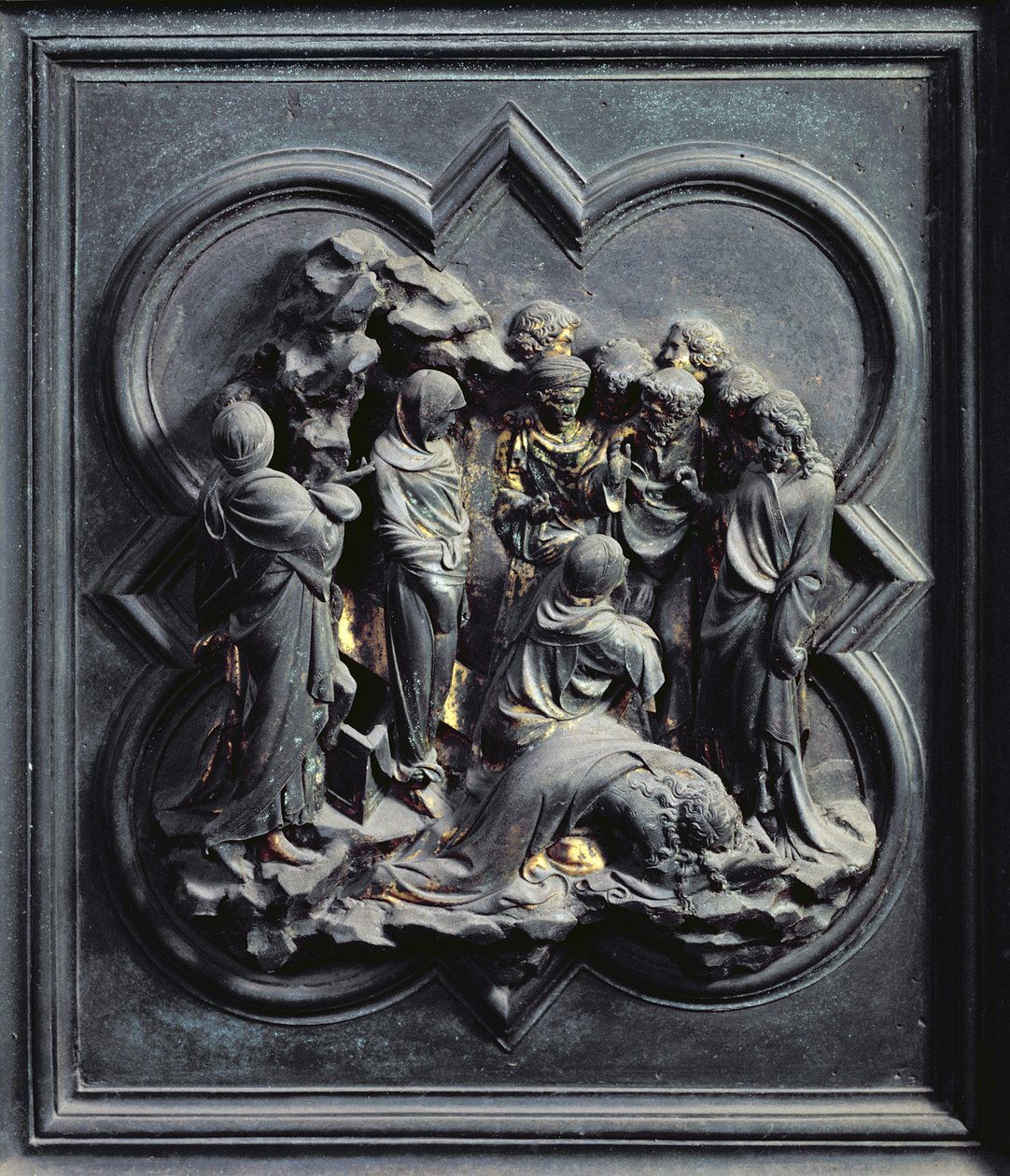 Lázár feltámasztása, a San Giovanni Keresztelőkápolna északi ajtajának tizedik táblája, 1403-24 (bronz) alkotó: Lorenzo Ghiberti