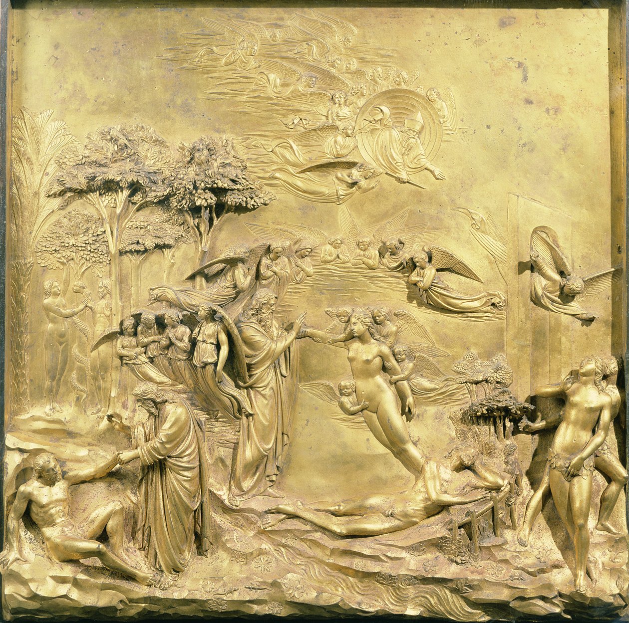 Ádám története, az egyik eredeti tábla a Keresztelőkápolna keleti ajtóiról, 1425-52 (aranyozott bronz) (restaurálás után) alkotó: Lorenzo Ghiberti