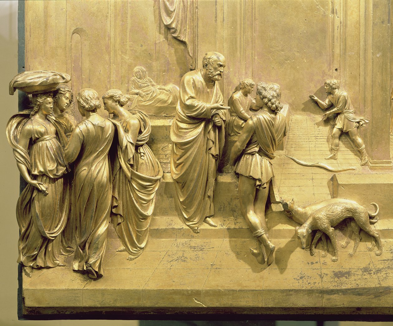 Jákob és Ézsau története, részlet a keresztelőkápolna keleti ajtaja eredeti táblájáról, 1425-52 (aranyozott bronz) (restaurálás után) alkotó: Lorenzo Ghiberti