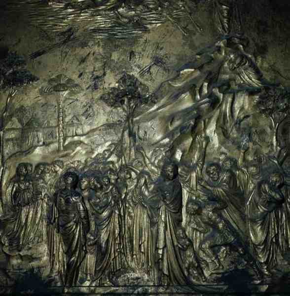 Mózes története a Sínai hegyen, részlet a Paradicsom ajtóiból, 1425-52 (bronz) alkotó: Lorenzo Ghiberti