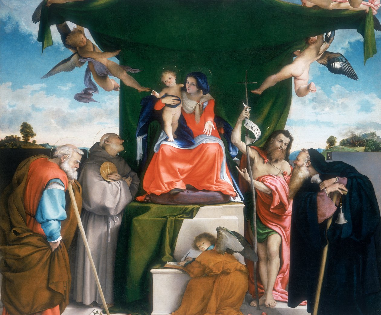 Madonna és gyermeke angyalokkal és szentekkel trónol alkotó: Lorenzo Lotto