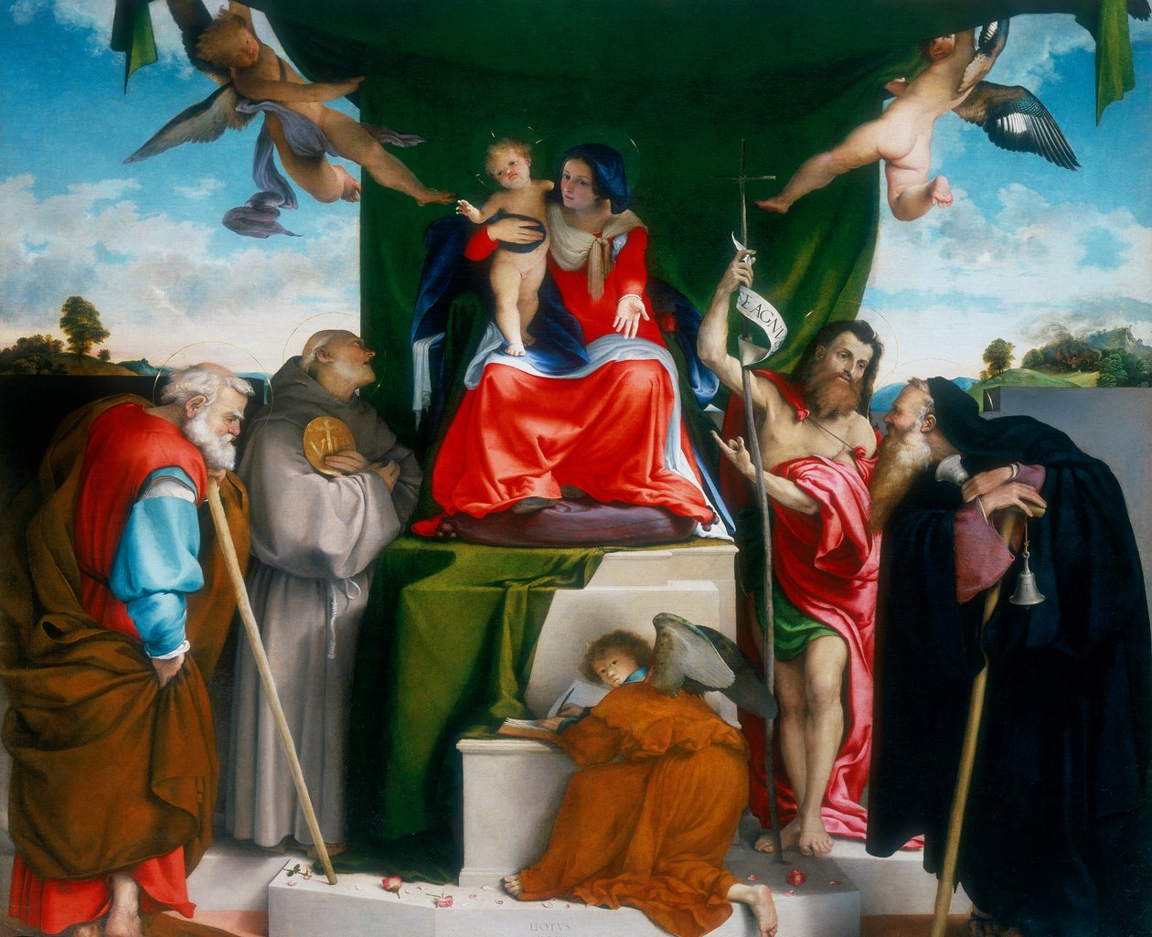 Madonna és gyermeke angyalokkal és szentekkel trónol, 1521 alkotó: Lorenzo Lotto