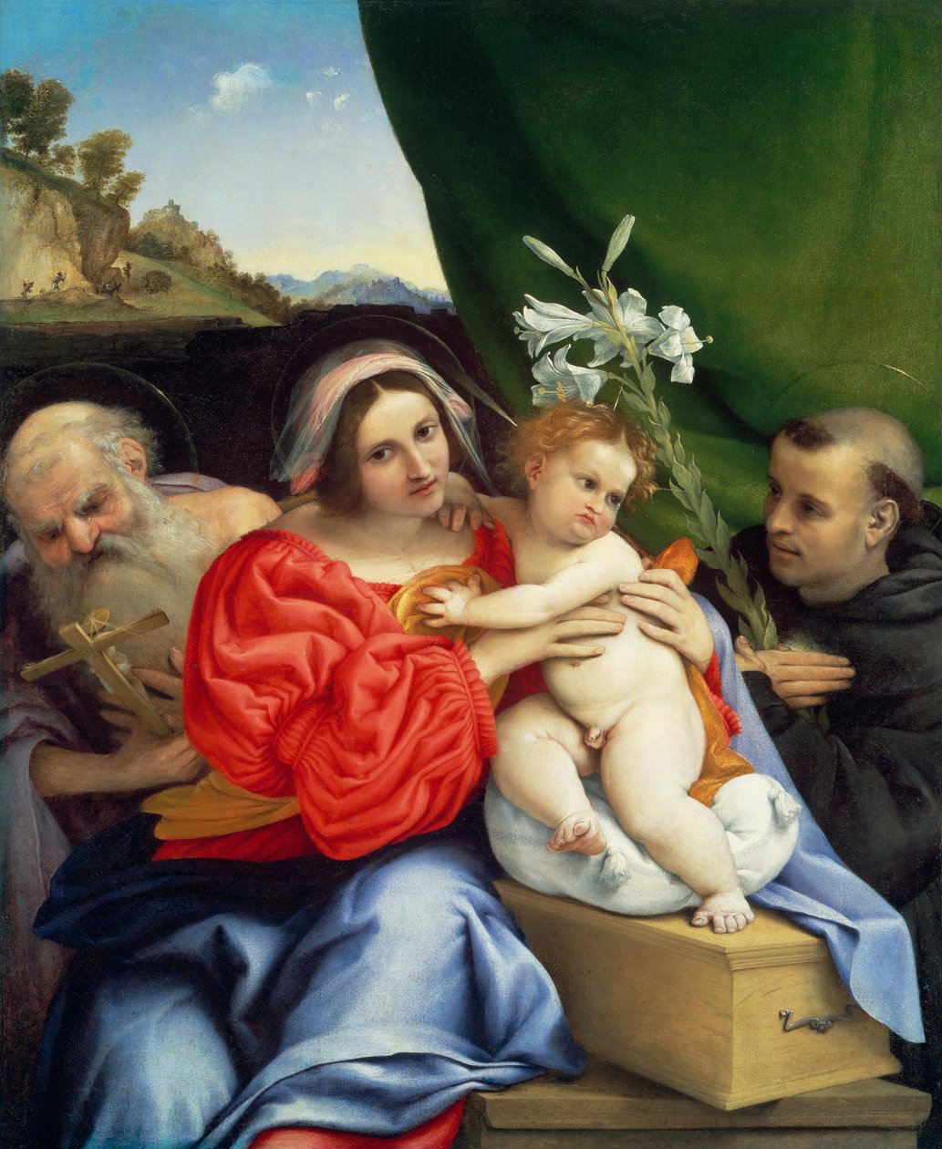 Szűz Mária és gyermeke Szent Jeromos és Tolentinói Szent Miklós szobraival alkotó: Lorenzo Lotto