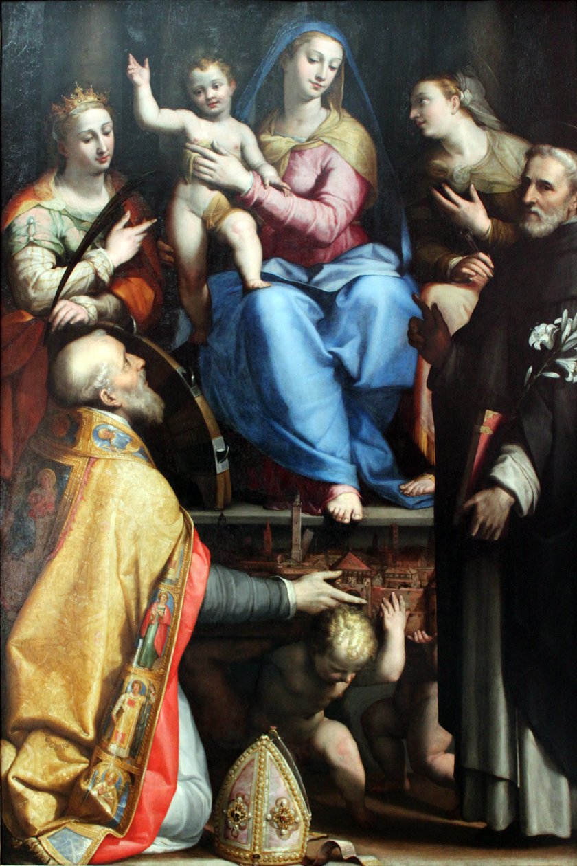 Mária trónol az áldó gyermekkel és Petronius szentekkel, Alexandriai Katalin, Domonkos és Apollónia alkotó: Lorenzo Sabbatini