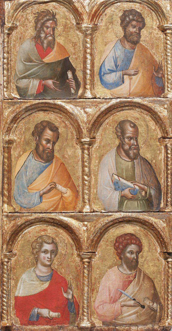 Madonna és gyermeke angyalokkal, a keresztre feszítéssel és a tizenkét apostollal vagy szentekkel, 1360 körüli tempera a panelen alkotó: Lorenzo Veneziano