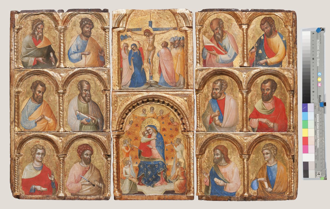 Madonna és gyermeke angyalokkal, a keresztre feszítéssel és tizenkét apostollal vagy szentekkel, 1360 körüli tempera a panelen alkotó: Lorenzo Veneziano