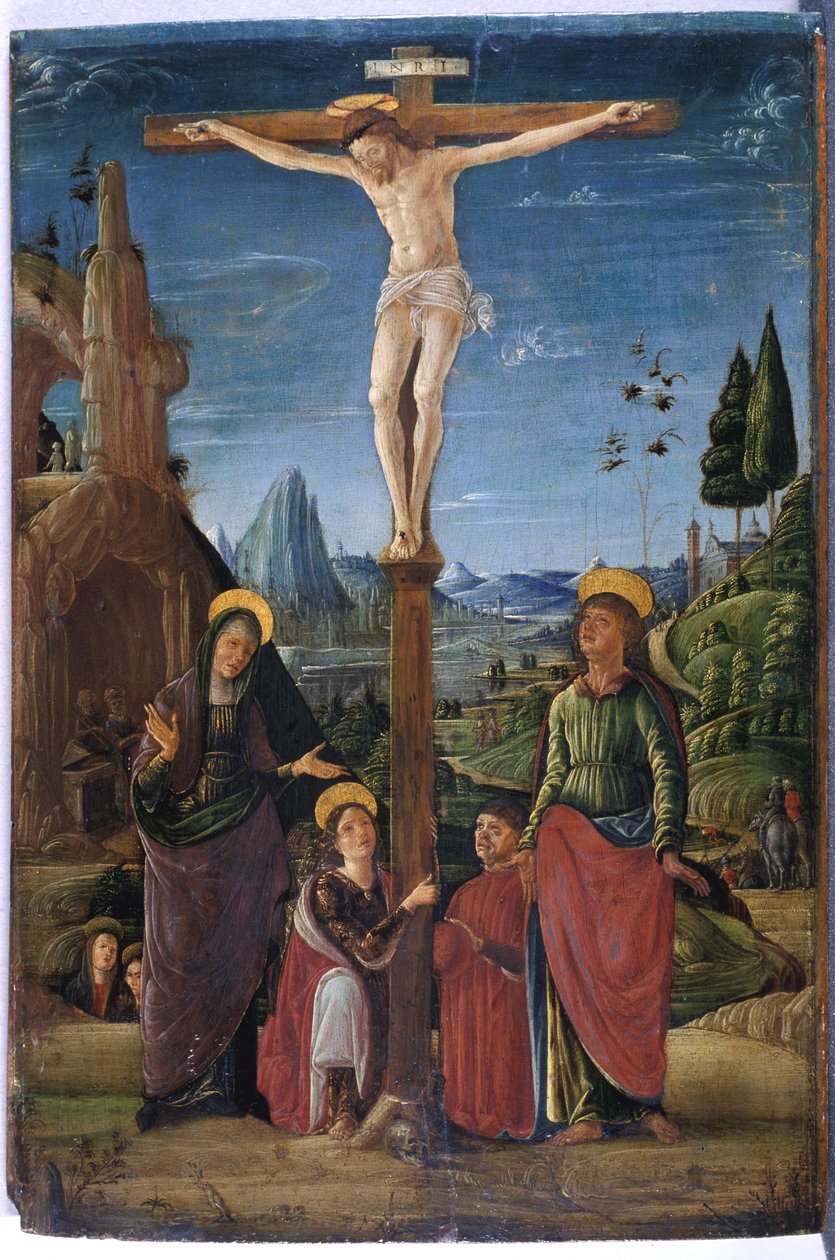 A keresztre feszítés Máriával, Jánossal, Mária Magdolnával és egy jótevővel, 1480 körül (tempera fán) alkotó: Lorenzo attr. to Costa