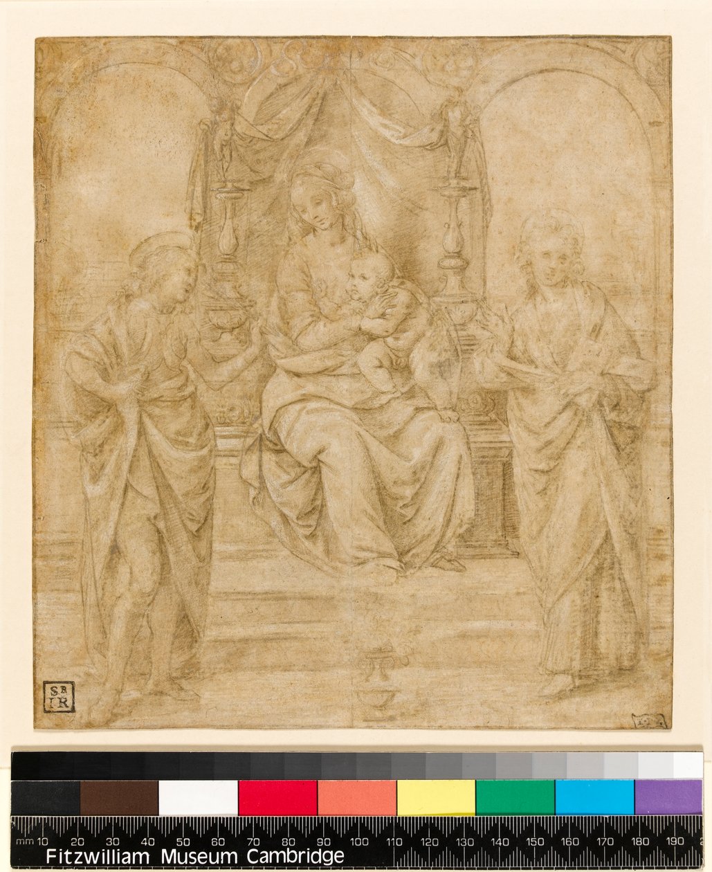 Szűz és gyermek SS-vel. Keresztelő János és Sebastian: Tanulmány a drezdai oltárképhez (ezüstpontos fehér pigment papíron) alkotó: Lorenzo di Credi