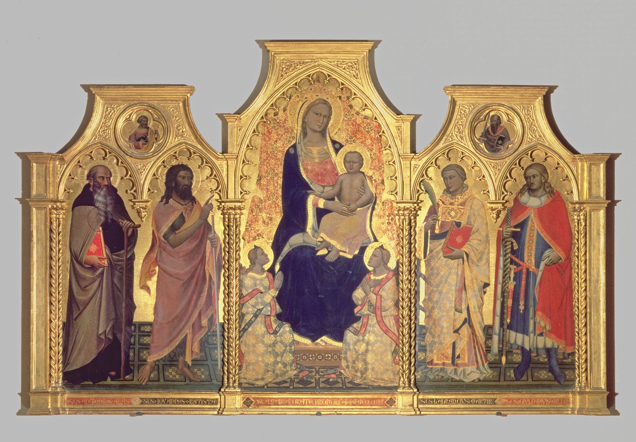 Madonna és gyermeke Szent Antal apáttal, Keresztelő Szent Jánossal, Szent Lőrinccel és Szent Julianussal, 1404 (tempera a panelen) alkotó: Lorenzo di Niccolo Gerini