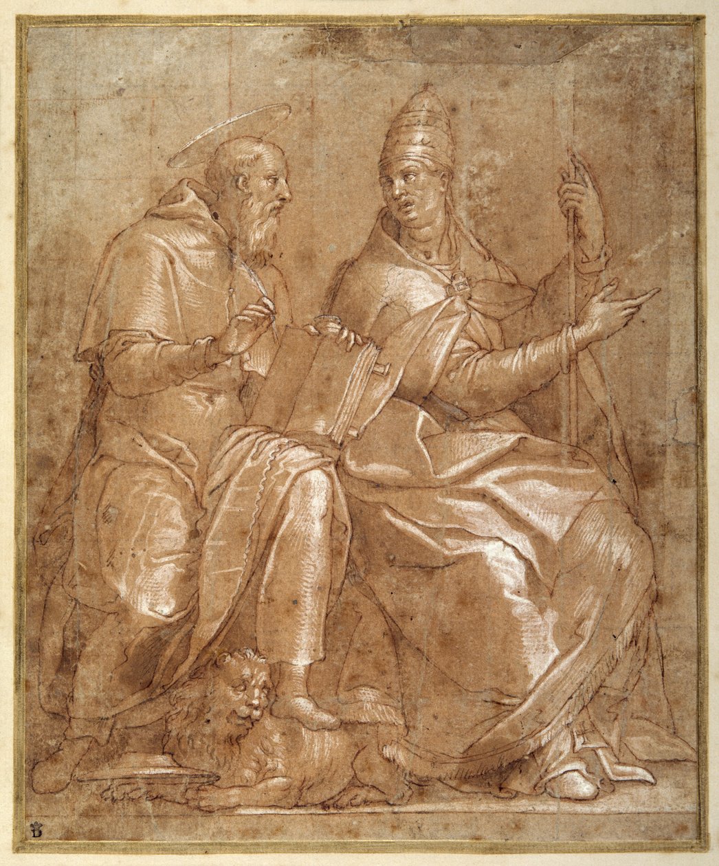 Szent Jeromos Nagy Szent Gergellyel beszélget (toll és barna tinta vörösesbarna mosással és kiemeléssel) alkotó: Lorenzo (c.1530 76) Sabatini