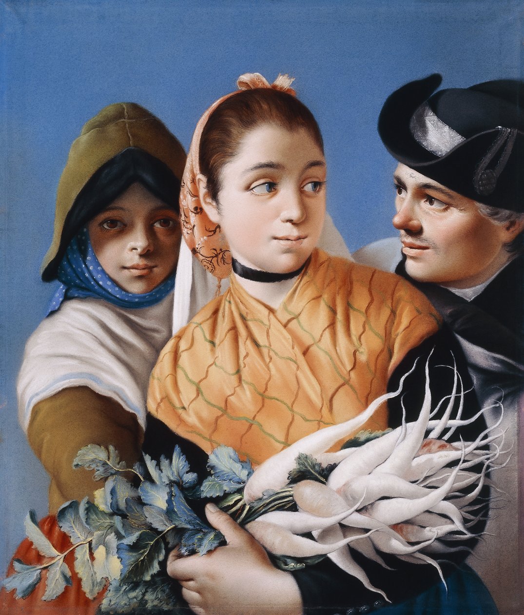 Egy narancssárga kendős lány fehérrépát tartva, egy lány zöld sapkában és ruhában és egy úriember fekete háromszarvú kalapban, alkotó: Lorenzo Baldissera Tiepolo