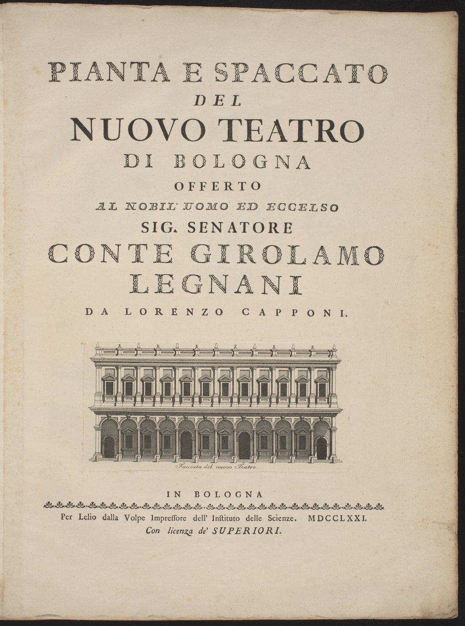 Az új bolognai színház terve és keresztmetszete alkotó: Lorenzo Capponi, after Antonio Galli Bibiena