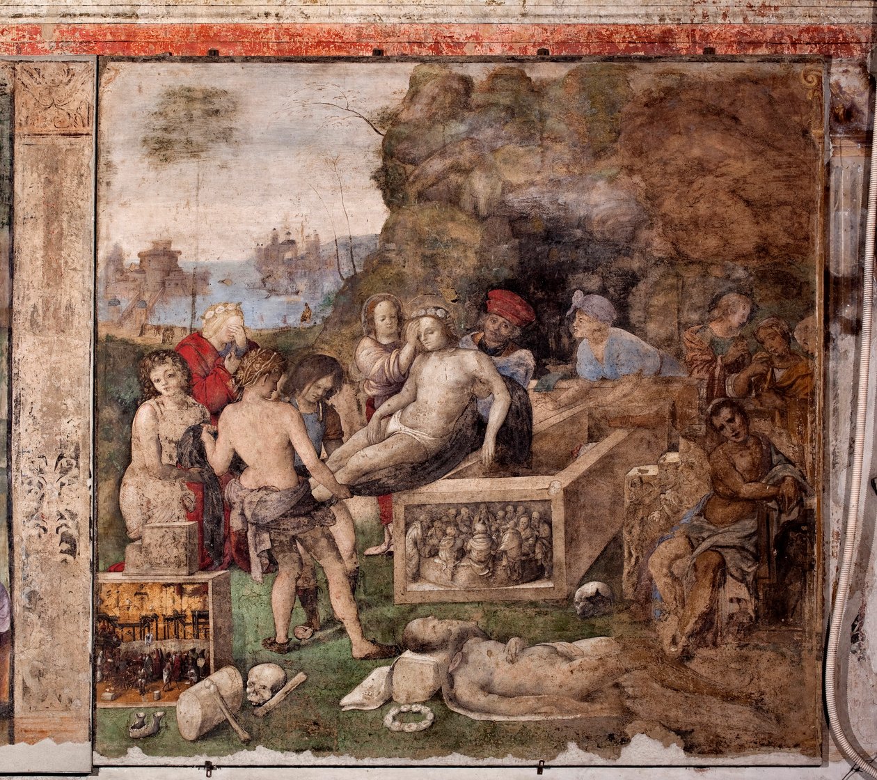 Szent Cecile élete: Szent Valerian és Szent Tiburtius temetése (freskó alkotó: Lorenzo Costa