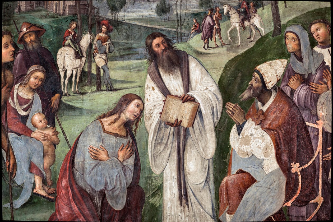Szent Cecile élete: I. Urbanus meghívja Valerianust, hogy térjen meg, részletezi (freskó alkotó: Lorenzo Costa
