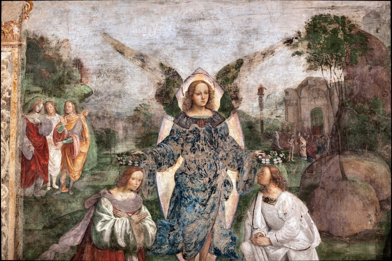 Szent Cecile élete: Valerian és Cecília angyal koronázott, részlet (freskó alkotó: Lorenzo Costa