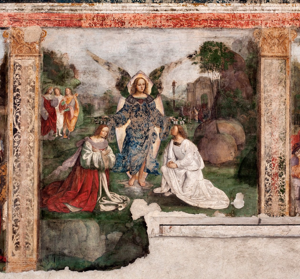 Szent Cecília élete: a szent és az angyal által megkoronázott Szent Valerianus (freskó alkotó: Lorenzo Costa
