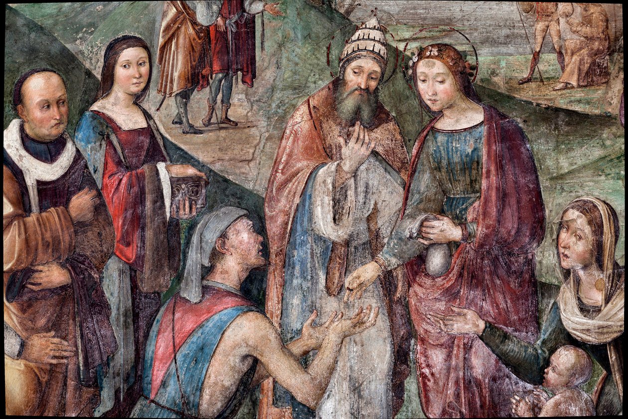 Szent Cecília a szegényeknek adja a tulajdonát, részletek (freskó alkotó: Lorenzo Costa