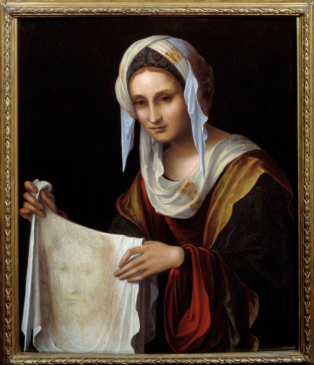 Szent Veronika. A szent fátyol Krisztus arcát ábrázolja, akinek verejtéke Veronique állítólag izzadt a kálváriára való mászás során. Lorenzo Costa (1460-1535) festménye V. 0,64x0,54 m alkotó: Lorenzo Costa