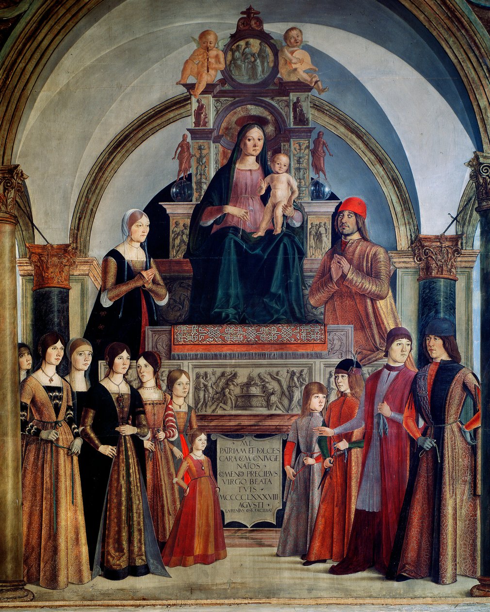 A Bentivoglio Szűz Szűza gyermekét a Bentivoglio család tagjai veszik körül. Lorenzo Costa (1460-1535) festménye 1488 Bologna, San Giacomo Maggiore templom alkotó: Lorenzo Costa