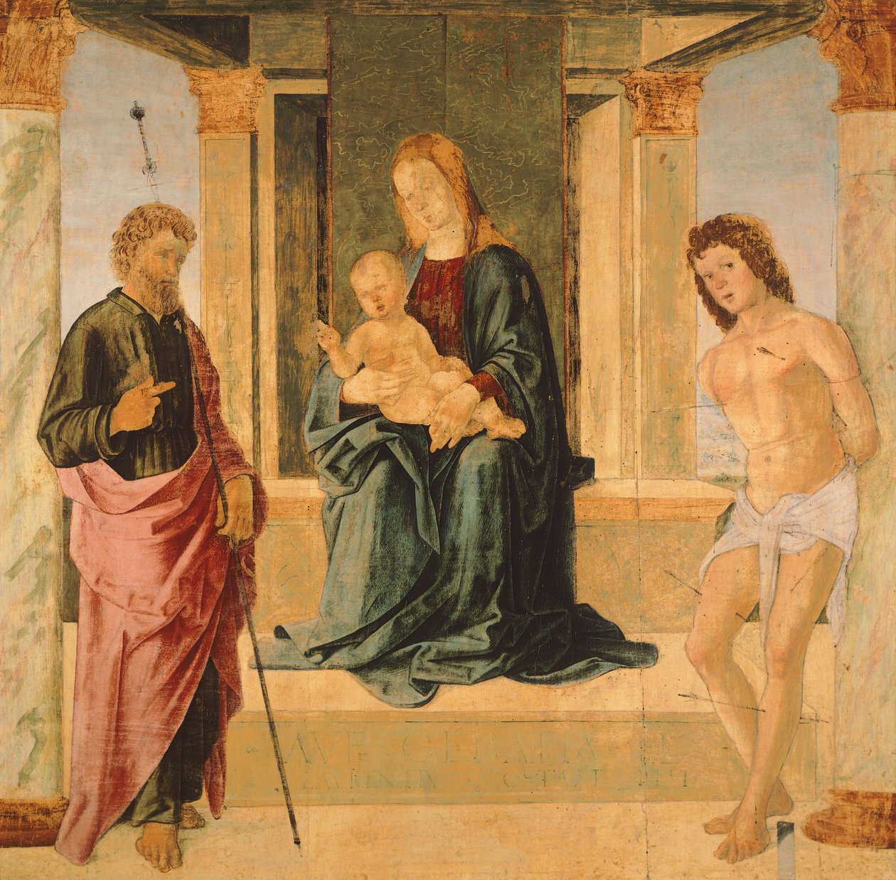 Szűz és gyermek trónol, Szent Jakabbal és Szent Sebestyénnel (festmény) alkotó: Lorenzo Costa