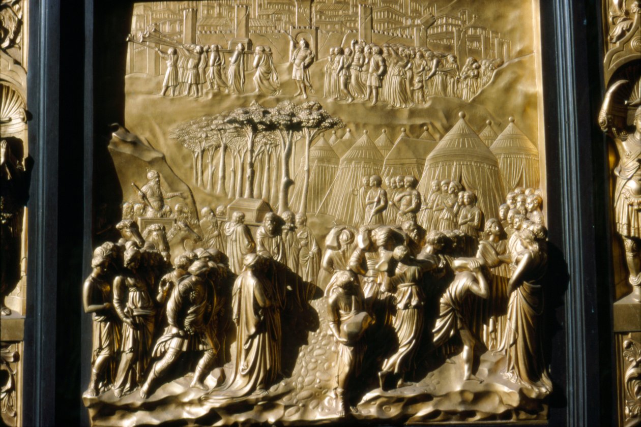 Izraeliták veszik Jerichót, a keresztelőkápolna ajtók részlete, Firenze, Olaszország, XV. század alkotó: Lorenzo Ghiberti