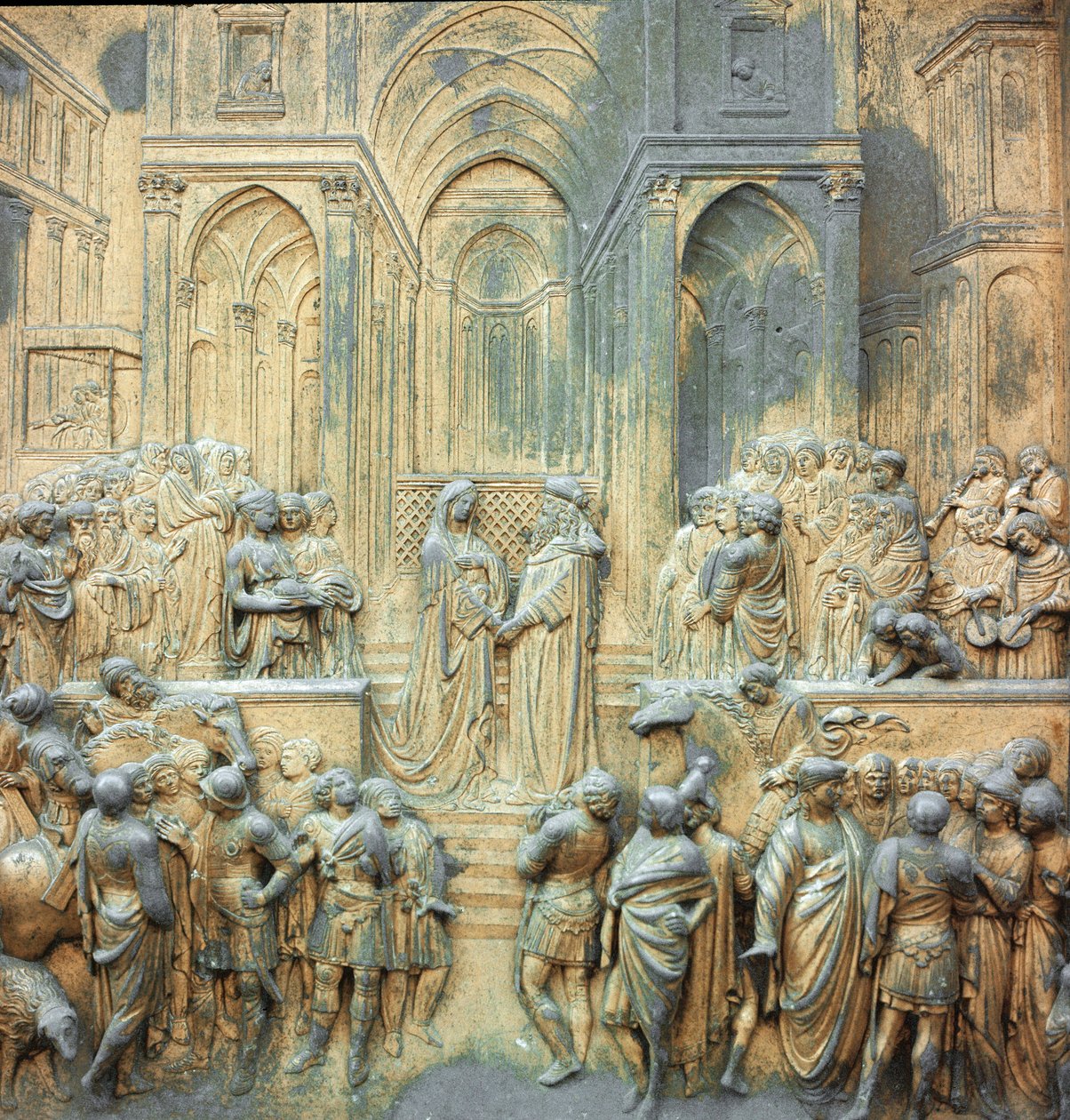 Salamon király fogadja Saba királynőjét Lorenzo Ghiberti (1378-1455) alacsony domborműves templomában 1424-1452 Firenze, a Keresztelő Paradicsom Kapuja alkotó: Lorenzo Ghiberti