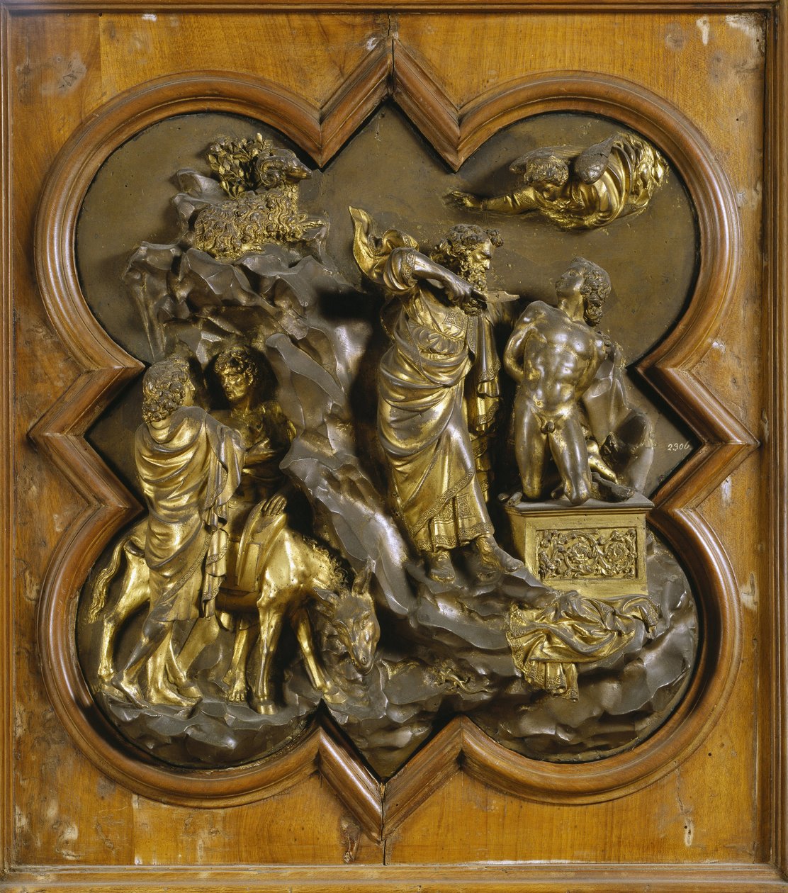 Izsák áldozata. A Porte du Paradis (a Keresztelőkápolna keleti ajtaja) eredeti táblája restaurálás után. Aranybronz Lorenzo Ghiberti (1378-1455), 1425-52. Museo dell Bargello, Firenze. © Raffael / Leemage854 alkotó: Lorenzo Ghiberti