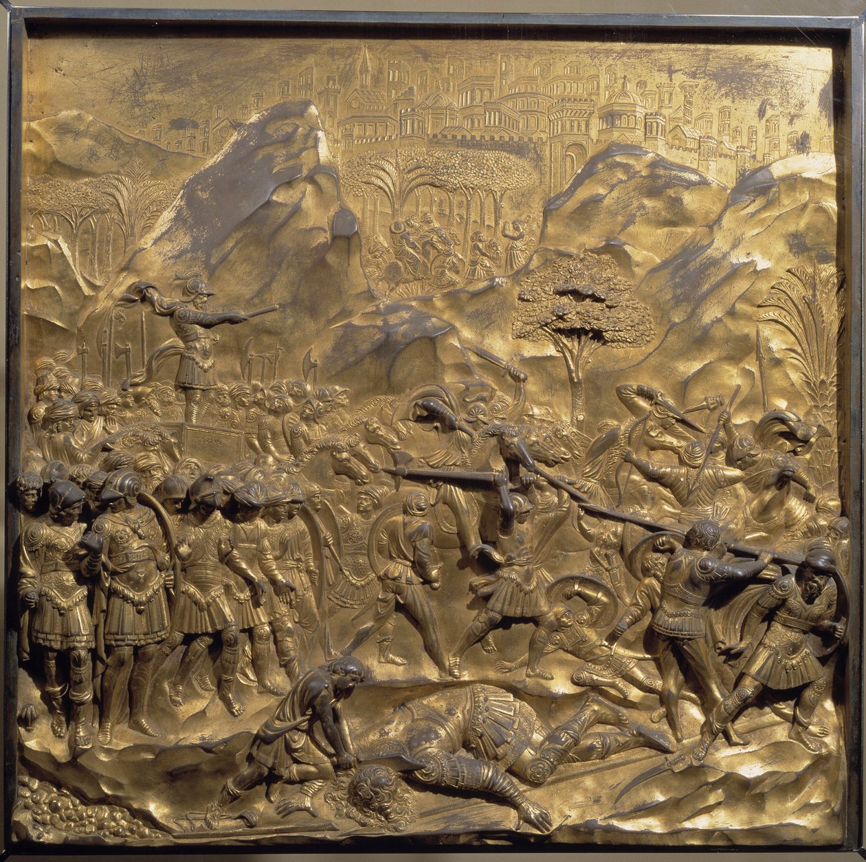 Dávid és Góliát élete: az izraeliták és a filiszteusok közötti harc, valamint az óriás Góliát lefejezése az Ela völgyében alkotó: Lorenzo Ghiberti